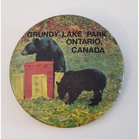 Grundy Lake Park Ontario Canada Two Black Bears Garbage Cans Pinback Button Pin - Picture 1 of 2